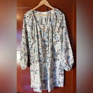 H&M Blue and Cream Floral Boho Poet Dress Size Large